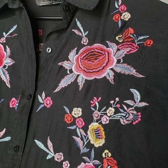 Zara Floral Embroidered Button Front Tunic Top Oversized XS Black Boho - Picture 4 of 9